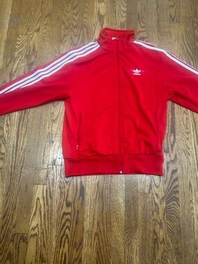 adidas Kids Red Track Jacket with White Stripes and Trefoil